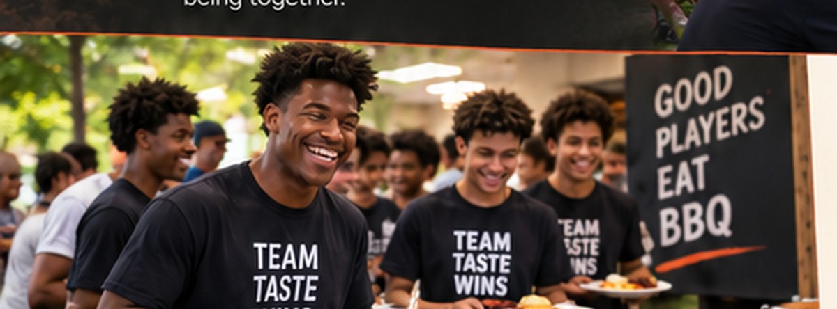 Team and school group enjoying barbecue together